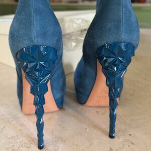 Casadei 7US Petroleum-Blue Suede Leather Booties w/ Box w/ Diamond Heel